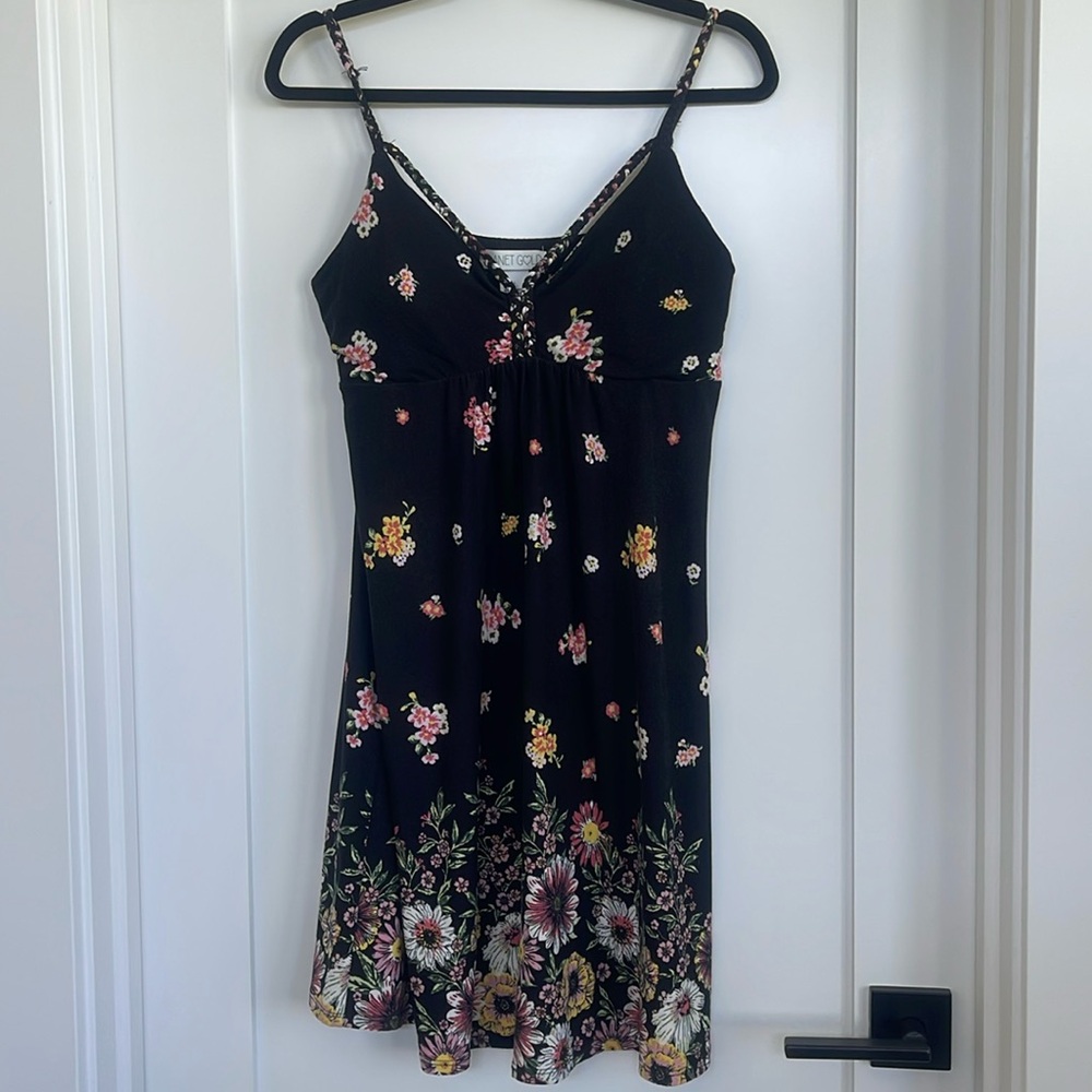 Planet Gold black floral dress with braided accent - Picture 1 of 7